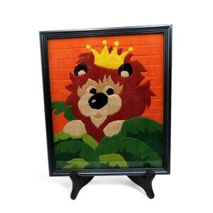 LION King NEEDLEPOINT Framed in Black Wood Frame 10.7 x 9.5" Vintage